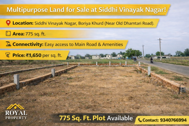 Raipur Old Dhamtari Road Siddhi Vinayak Nagar, Boriya Khurd-775 sq. ft..Area Price: ₹1,650 per sq. ft..Residential Plot