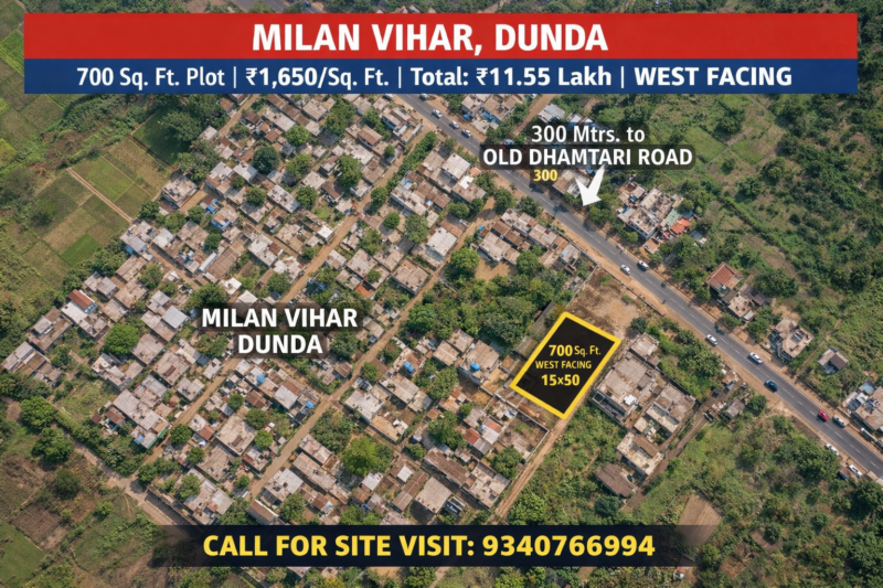 Raipur Milan Vihar, Dunda | 700 Sq. Ft. Plot | ₹1,650/sq. ft. | Total: ₹11.55 Lakh | West Facing