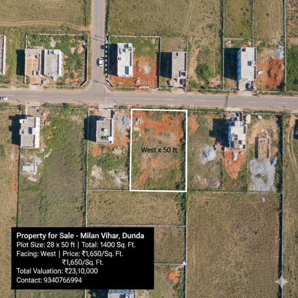 Raipur Milan Vihar, Dunda | 1400 Sq. Ft. West Facing Plot | ₹1,650/sq. ft. | Total: ₹23.10 Lakh