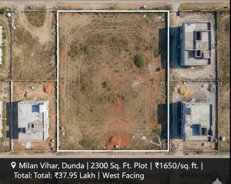 Raipur Milan Vihar, Dunda | 2300 Sq. Ft. Plot | ₹1700/sq. ft. | West Facing | Total: ₹39.10 Lakh